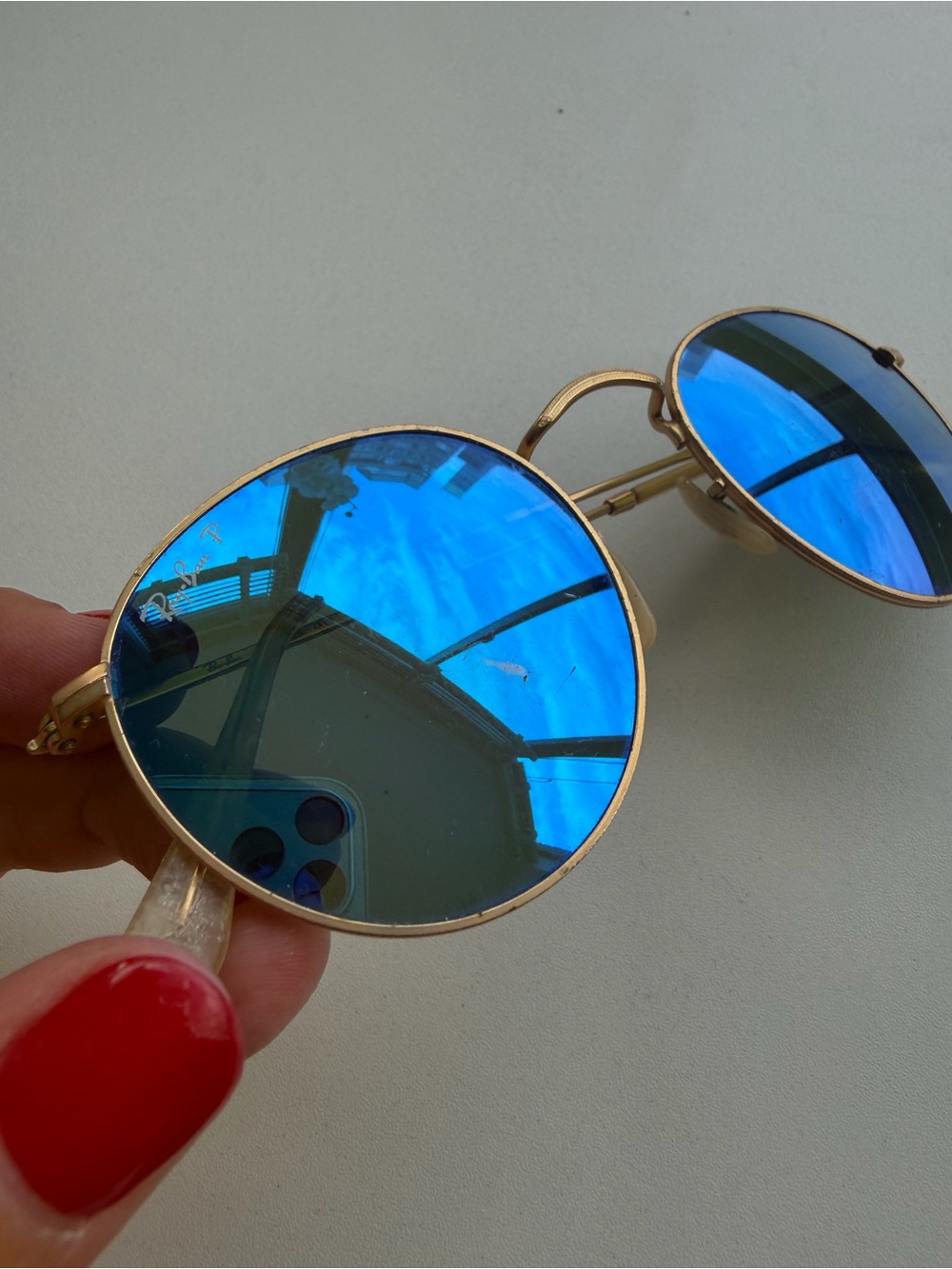 Ray-Ban Gold Frame Sunglasses with Blue Mirrored Lenses - Picture 2 of 3
